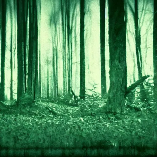 Image similar to film frame of a dark forest full of dead trees at night, a green glowing humanoid emerges from it, creepy, moonlight, horror, uncanny, old camera footage, REC sign,