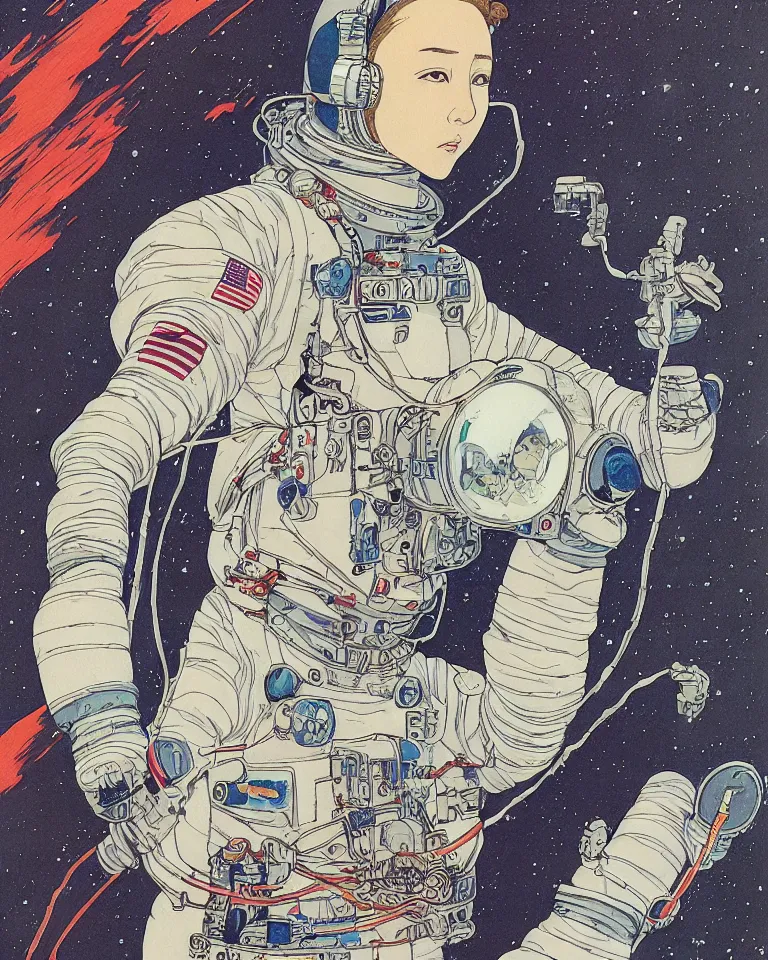 Image similar to portrait of female astronaut painted in miyazaki color style drawn by katsuhiro otomo and takato yamamoto, high detail, intricate linework, sharp, smooth face, china doll face, high detail, manga and anime