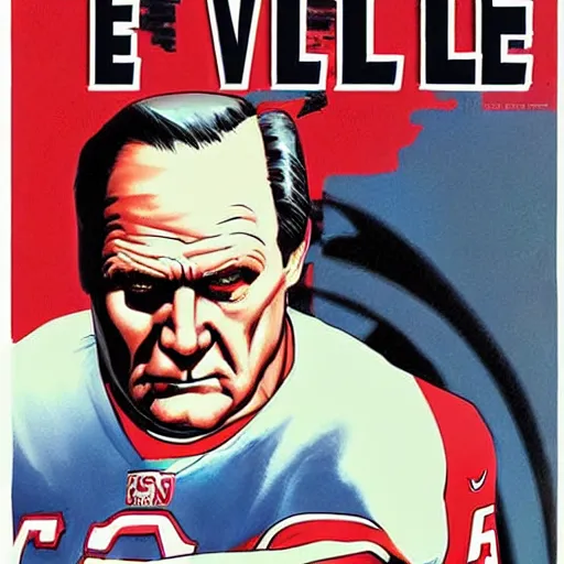 Prompt: comic book cover for'evil coach belichick ', art by alex ross