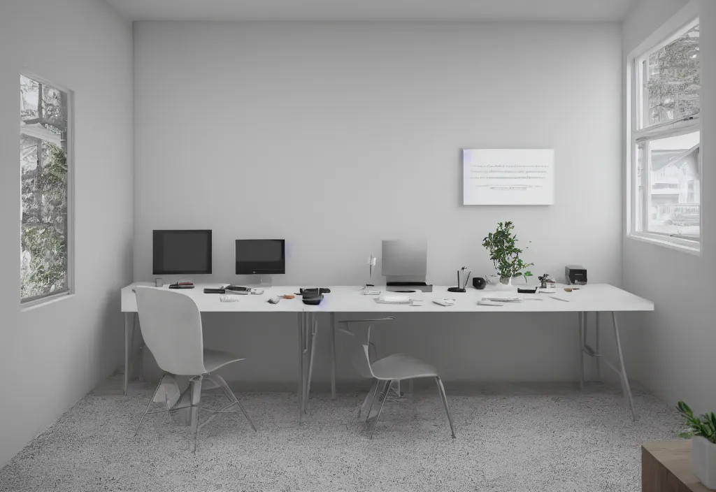 Prompt: kodak portra 4 0 0 photographic and realistic, a modern minimalist room with a computer on a desk and a monitor showing windows xp, detailed, octane render, unreal engine, 4 k, artstation, hyper realistic, wide angle, 3 5 mm, sharp focus, warm light, in the style of gregory crewdson