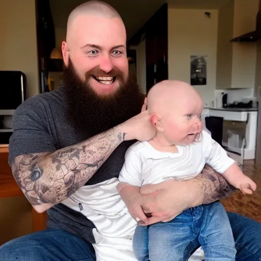 Prompt: a photo of a white man with a mid fade haircut and level 1 clipper beard that is happy with his 3 month year old baby boy and his wife who has dark hair.