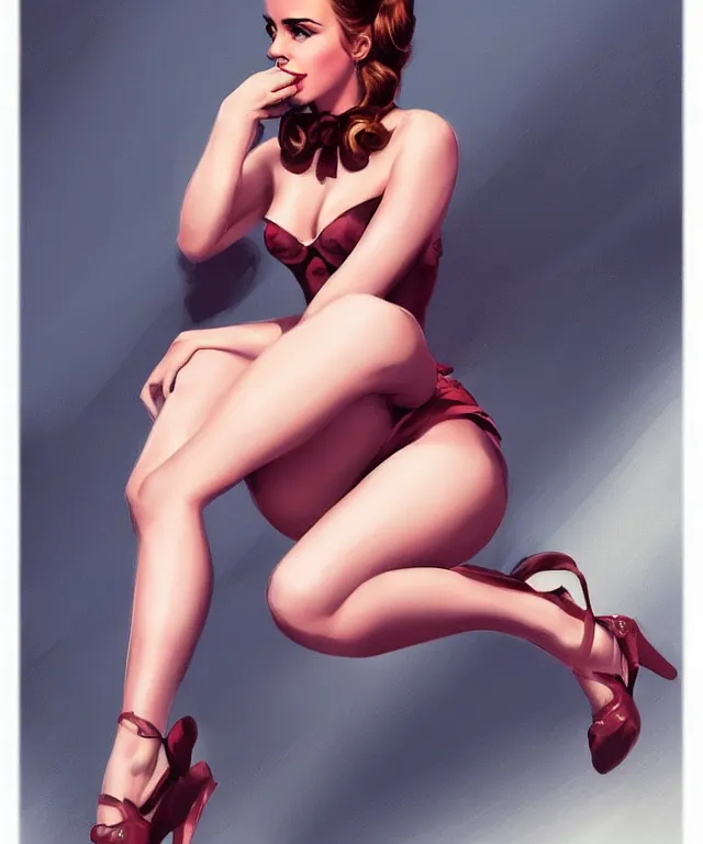 Image similar to emma watson pinup style full body pose Gil Elvgren, pinup pose, elegant, digital painting, artstation, concept art