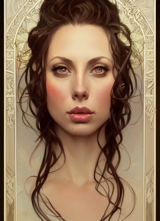 Prompt: beautiful portrait of gianna michaels, by magali villeneuve and greg rutkowski and artgerm and alphonse mucha, intricate, elegant, highly detailed, photorealistic, trending on artstation, trending on cgsociety, 8 k, sharp focus