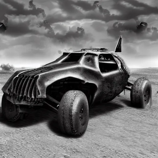 Image similar to ultra realist 3d soft paint of a gothic four wheel vehicle fully armored, MadMax, action sequence, symmetry accurate features, very intricate details, ominous sky, black and white, volumetric light clouds, post apocalyptic background