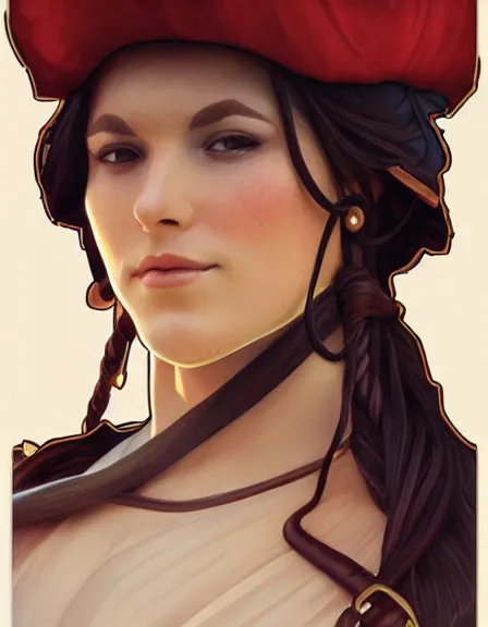 Prompt: fully clothed armed female pirate captain. sun, summer, strength, knowledge, smart, portrait, symmetrical, highly detailed, digital painting, artstation, smooth, sharp focus, illustration, strength, art by artgerm and alphonse mucha and louis theophile hingre. 8 k