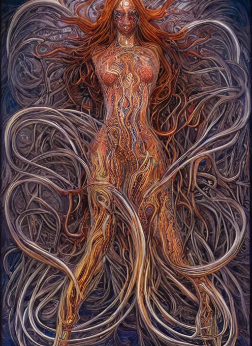 Prompt: beautiful psychedelic goddess enrobed in tentacles in the style of peter gric