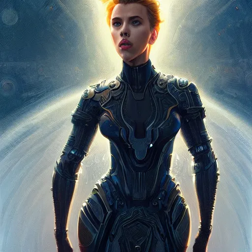 Image similar to scarlett johansson in ornate futuristic sci - fi armor, expressive pose, intricate, elegant, highly detailed, digital painting, artstation, concept art, smooth, sharp focus, illustration, art by artgerm and greg rutkowski and alphonse mucha