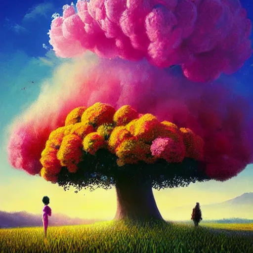 Image similar to large flowers afro, girl standing in a field with flowers, surreal photography, hills, big trees, sunrise dramatic light, impressionist painting, colorful clouds, digital painting, pointillism, artstation, simon stalenhag