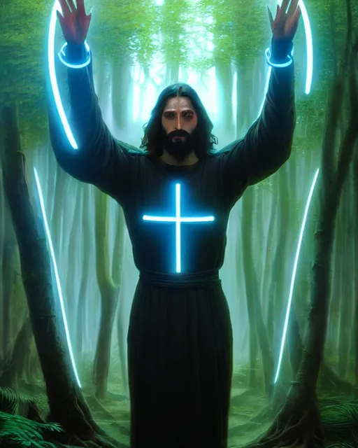 Image similar to tron legacy jesus performing miracles for a crowd in an ancient forest, face, diffuse lighting, hyper realistic, concept art, intricate, hyper detailed, smooth, sharp focus, illustration, artstation, art by greg rutkowski and james gurney and alphonse mucha