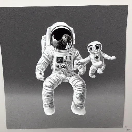 Image similar to pencil art, portait, highly detailed, epic, astronaut monkey holding hands with astronaut.