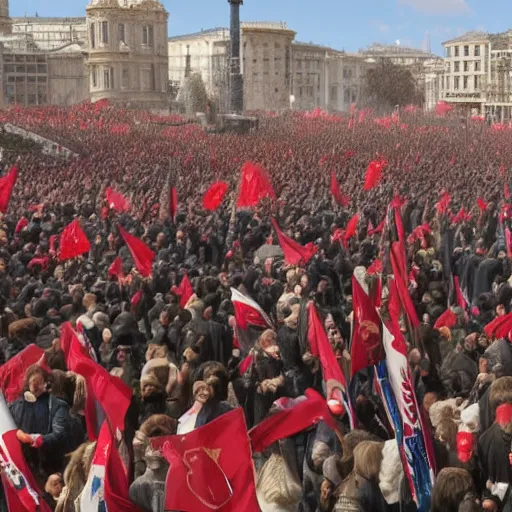 Image similar to UHD photorealistic everyone protesting against democidal communism in Byzantium