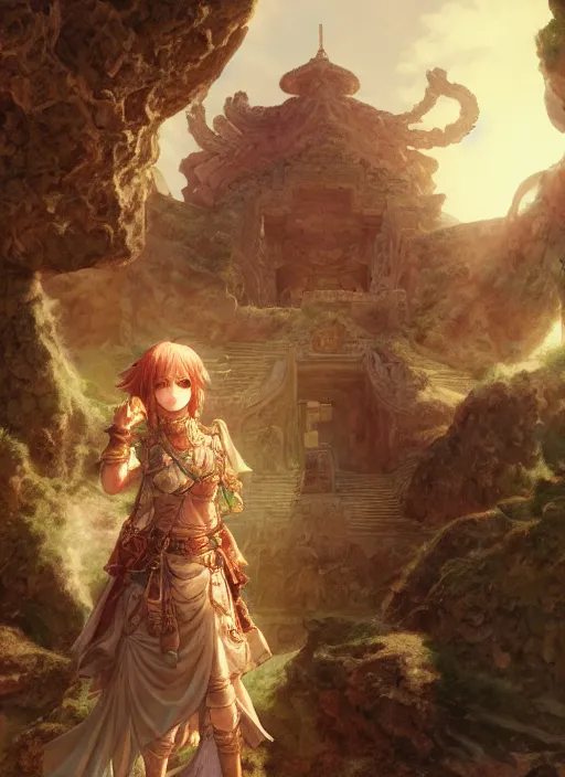 Image similar to character portrait of the emerald herald at a desert temple, hidari, color page, tankoban, 4K, tone mapping, Akihiko Yoshida.