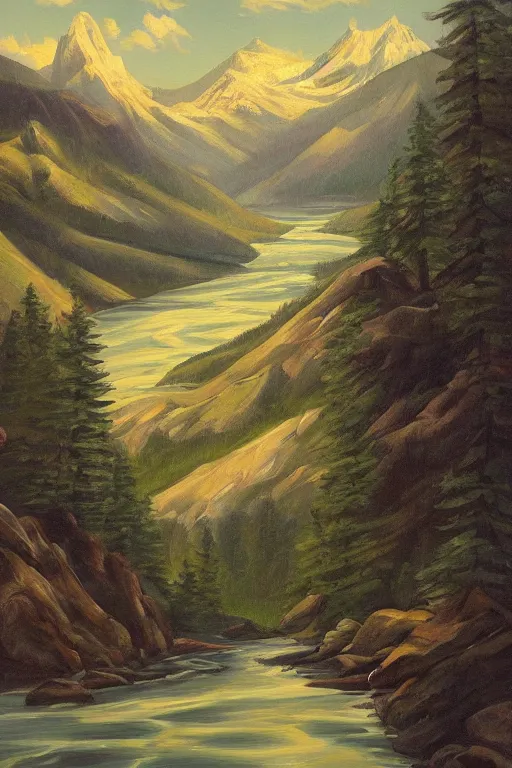 Image similar to mountaintop river flat illustration oil painting trending on artstation