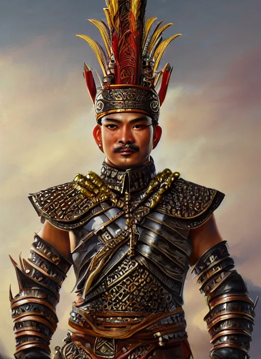Prompt: smart tai warlord, closeup portrait, without beard and mustache, historical hero, ethnic group, tai costume, thai transitional bronze headdress, intricate, with leather armor cross on bare chest, elegant, loin cloth, highly detailed, oil painting, artstation, concept art, matte, sharp focus, illustration, hearthstone, art by earl norem