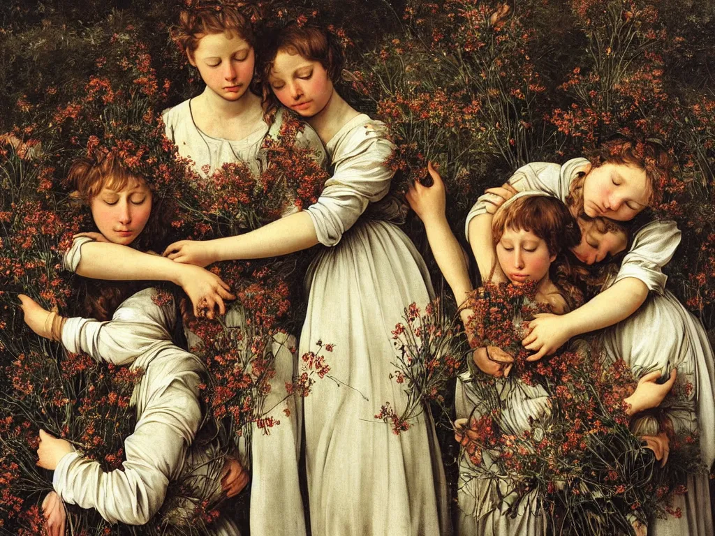 Prompt: Sisters embracing in the dried flower field. Delicate tendrils. Painting by Caravaggio