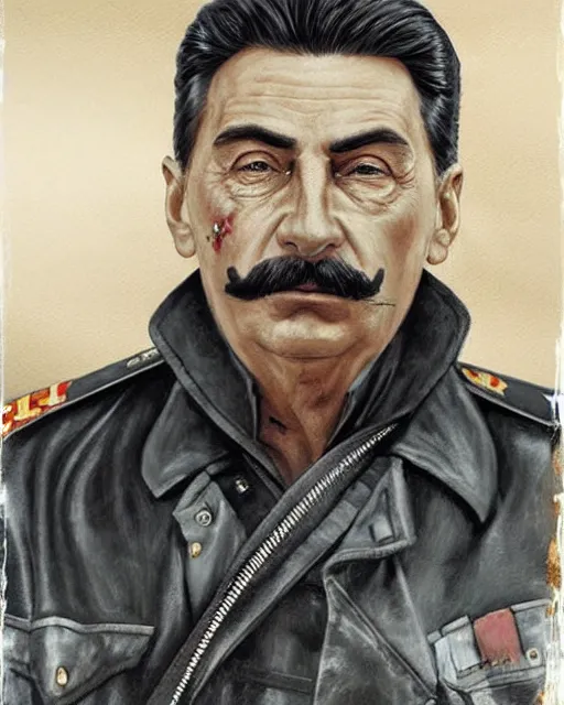 Prompt: portrait of joseph stalin in black leather jacket, gritty, very detailed, hyperrealistic, medium shot, very detailed painting by Glenn Fabry, by Joao Ruas