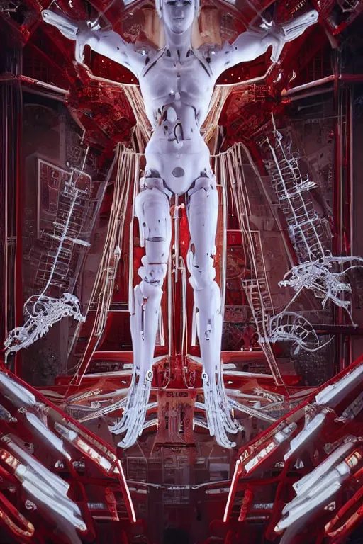 Image similar to space station interior white cross cross cross a statue jesus on cross made of red marble hands nailed to a cross perfect symmetrical body full body shot, inflateble shapes, wires, tubes, veins, jellyfish, white biomechanical details, wearing epic bionic cyborg implants masterpiece, intricate, biopunk, vogue, highly detailed, artstation, concept art, cyberpunk, octane render