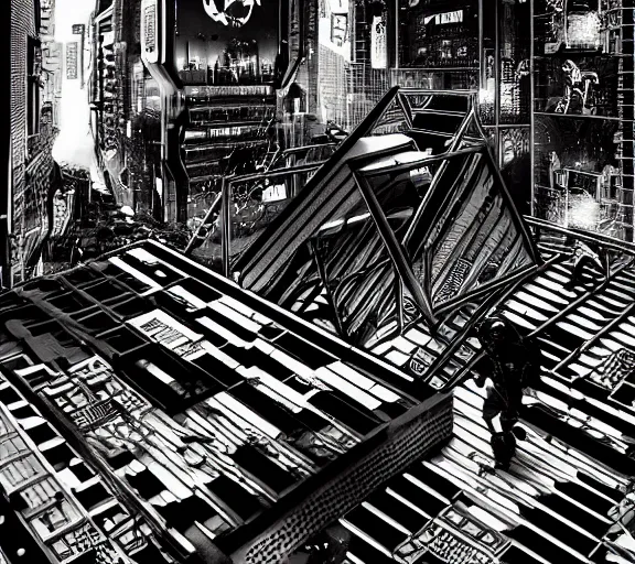 Prompt: a black and white illustration of a cyberpunk epic Friday night firefight in the style of MC Escher, Night City, cyberpunk 2077, 1979 OMNI Magazine Cover, impossible geometry, coherent, street level neo-Tokyo in Cyberpunk 2045, 4k, 8k, HD, trending on artstation