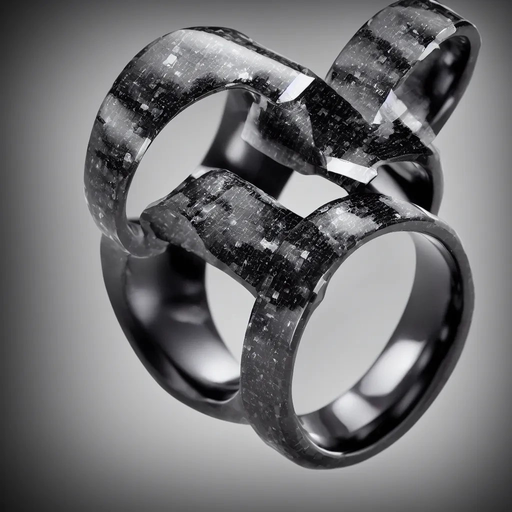 Prompt: carbon fiber wedding ring, hi-tech, digital, product shot, photographic studio lighting