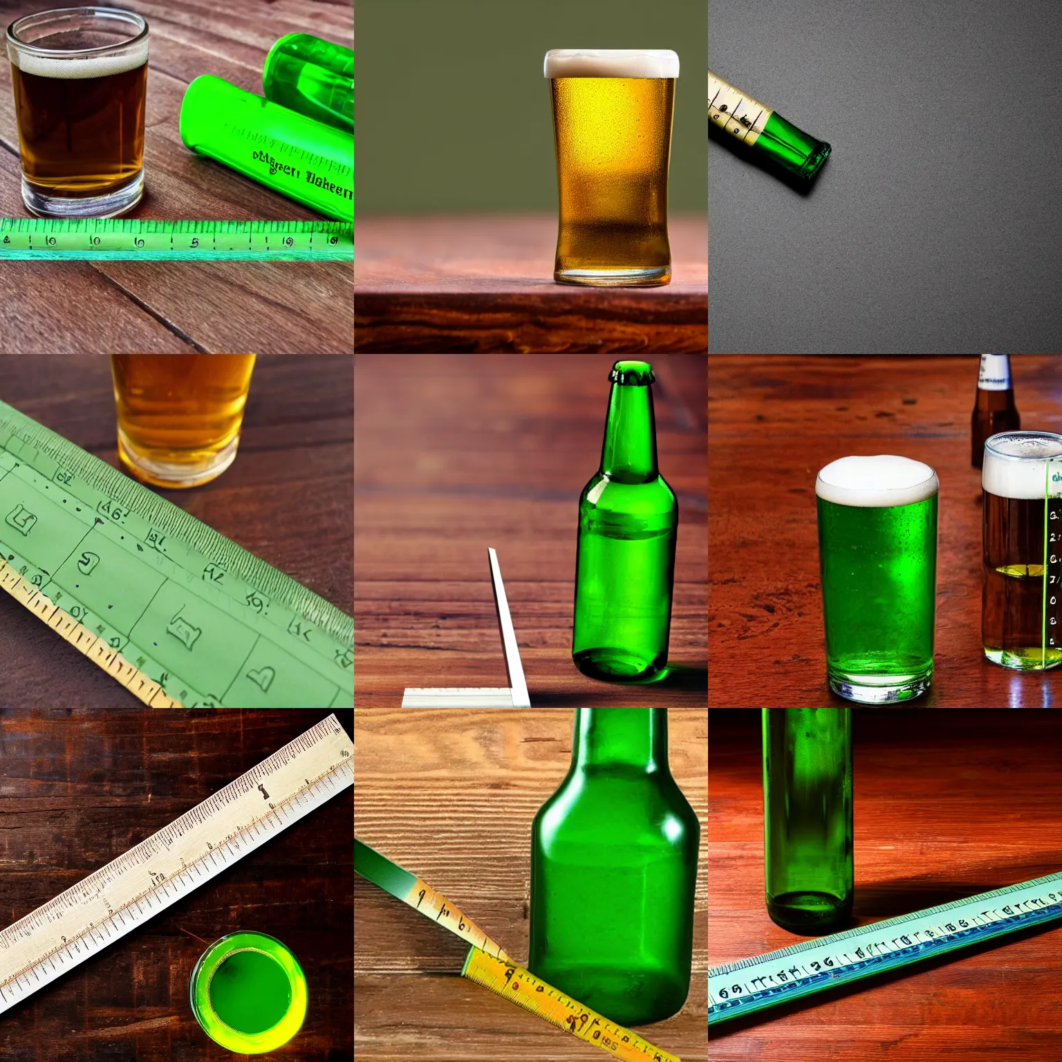 Prompt: a small green bottle of beer next to a ruler