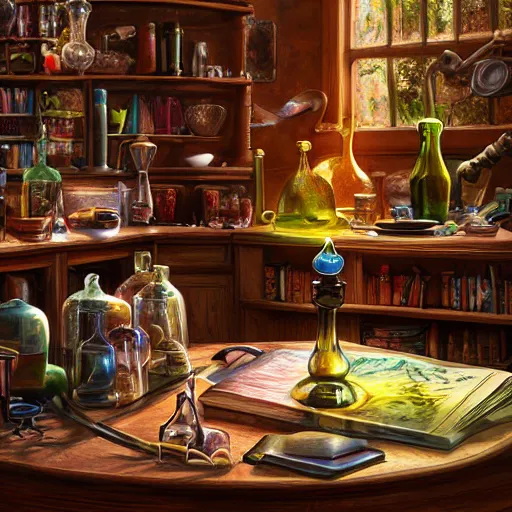 Prompt: hyper real, table, wizards laboratory, lisa parker, tony sart, mortar, pestle, scales, energy flowing, magic book, beakers of colored liquid