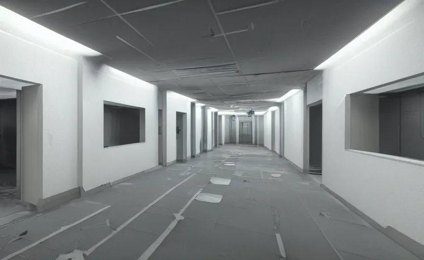 Prompt: screenshot of a first person shooter game on unreal engine 5, narrow modern hallways of a government office facility with white dry wall, photorealistic, retrofuturism