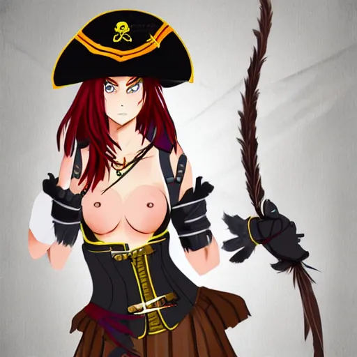 Prompt: advanced digital anime character art, female pirate captain with a yellow and a red eye , res brown hair wearing a corset and large pirate hat with feathers. —H 768