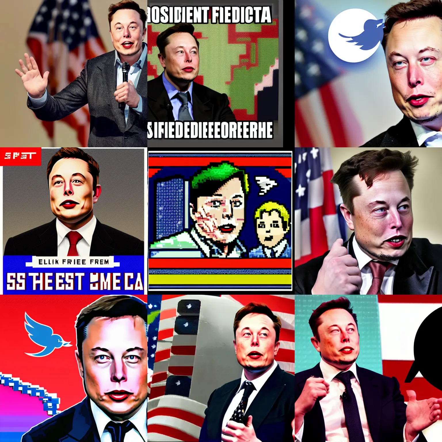 Prompt: 8 bit elon musk saving america's freedom of speech with twitter.