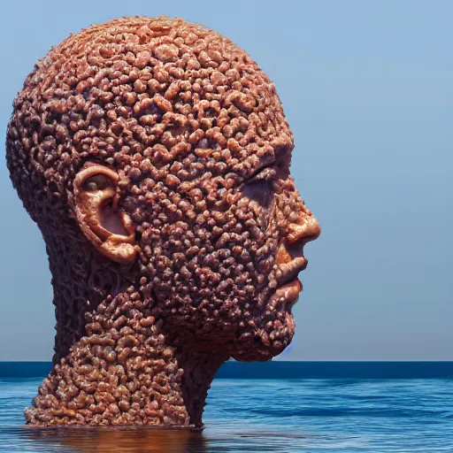 Prompt: a giant sculpture of a human head made out of water, on the ocean water, cinematic, in the style of johnson tsang, long shot, hyper detailed, hyper realistic, ray tracing, 8 k resolution, sharp focus, realistic water, award winning