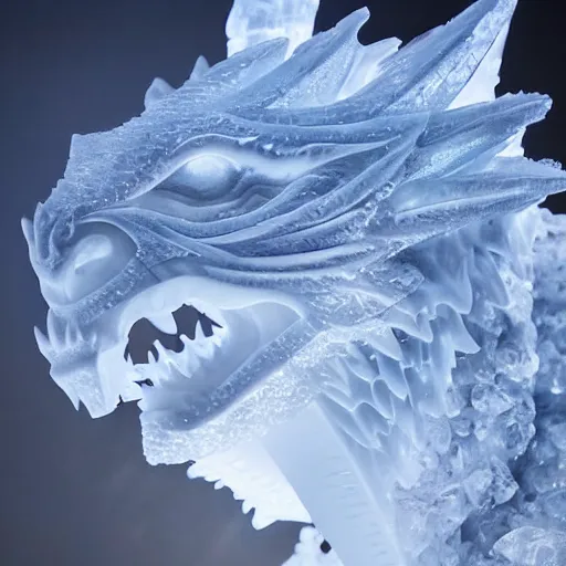 Image similar to a majestic dragon made of ice, ice sculpture, detailed fantasy photography