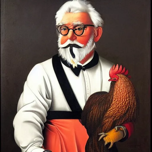 Prompt: Colonel Sanders merged with a Rooster. Painted by Caravaggio, high detail