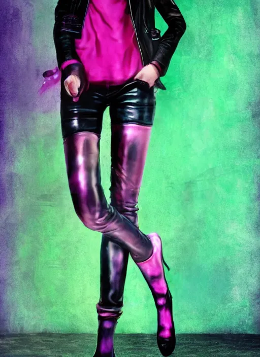 Image similar to a photo of 8 k ultra realistic a black haired female in high heels and a black leather jacket, pink, purple, green, yelow, red, blue, white neon, art by lise deharme