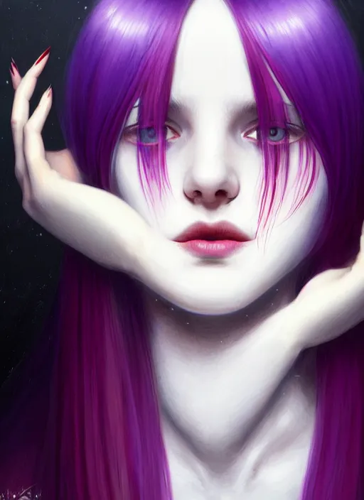 Image similar to hair whitebangs hair, black hair, whitebangs, portrait of teenage girl with white bangs, red irises, purple clothes, white bangs, bangs are different color from hair, intricate, elegant, glowing lights, highly detailed, digital painting, artstation, concept art, smooth, sharp focus, illustration, art by wlop, mars ravelo and greg rutkowski