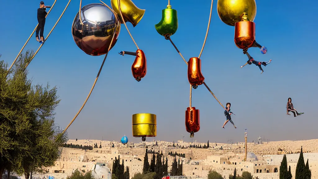 Prompt: large colorful futuristic space age metallic steampunk balloons with pipework and electrical wiring around the outside, and people on rope swings underneath, flying high over the beautiful jerusalem city landscape, professional photography, 8 0 mm telephoto lens, realistic, detailed, photorealistic, photojournalism