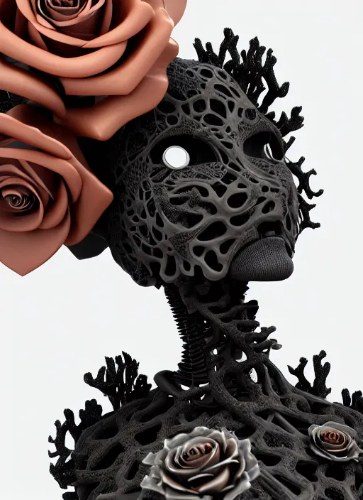 Image similar to biomechanical black statue made of corals, daisies, roses, well contoured smooth fair walls carrying perfume bottle, up close shot, sharp focus, global illumination, radiant light, alexandre ferra white mecha, irakli nadar, octane highly render, 4 k, ultra hd,