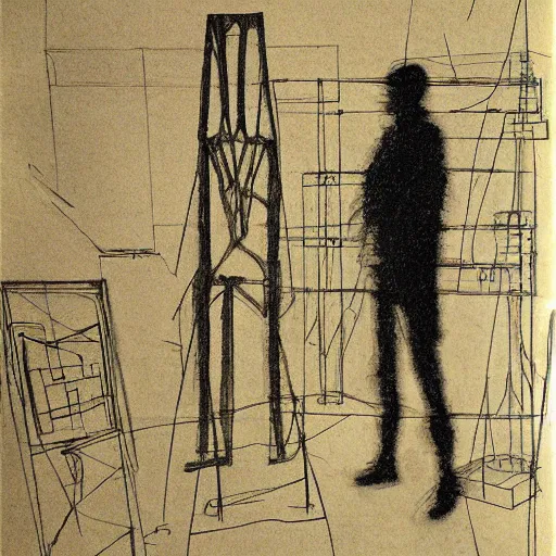 Prompt: architectural blueprint of a public sculpture, human figure in the style of giacometti, drawn to scale with orthographic views