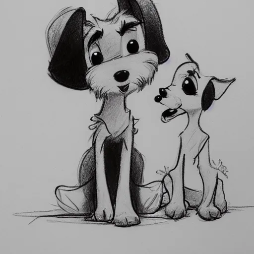 Image similar to milt kahl pencil sketch of happy mini schnauzer cartoon lady and the tramp style