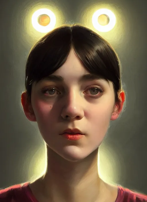 Prompt: portrait of teenage ethel muggs, narrow face, dark eyebrows, black hair, bangs, half updo hairstyle, intricate, elegant, unattractive, defined jawline, glowing lights, buck teeth, highly detailed, awkward smile, digital painting, artstation, concept art, smooth, sharp focus, illustration, art by wlop, mars ravelo and greg rutkowski