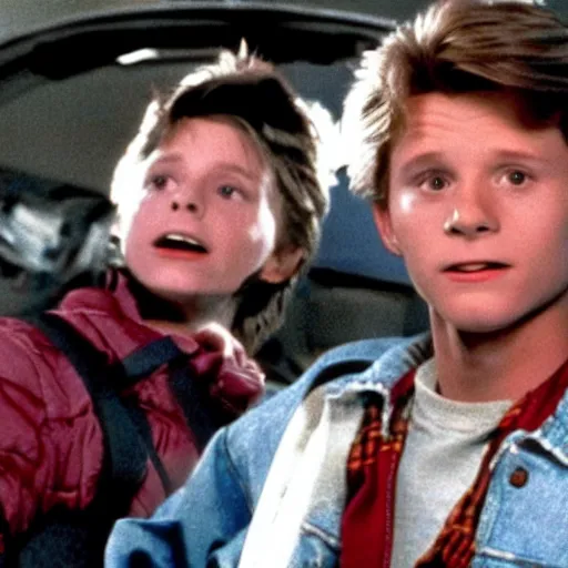 Image similar to Still of Tom Holland as Marty mcfly in back to The Future 1985 movie