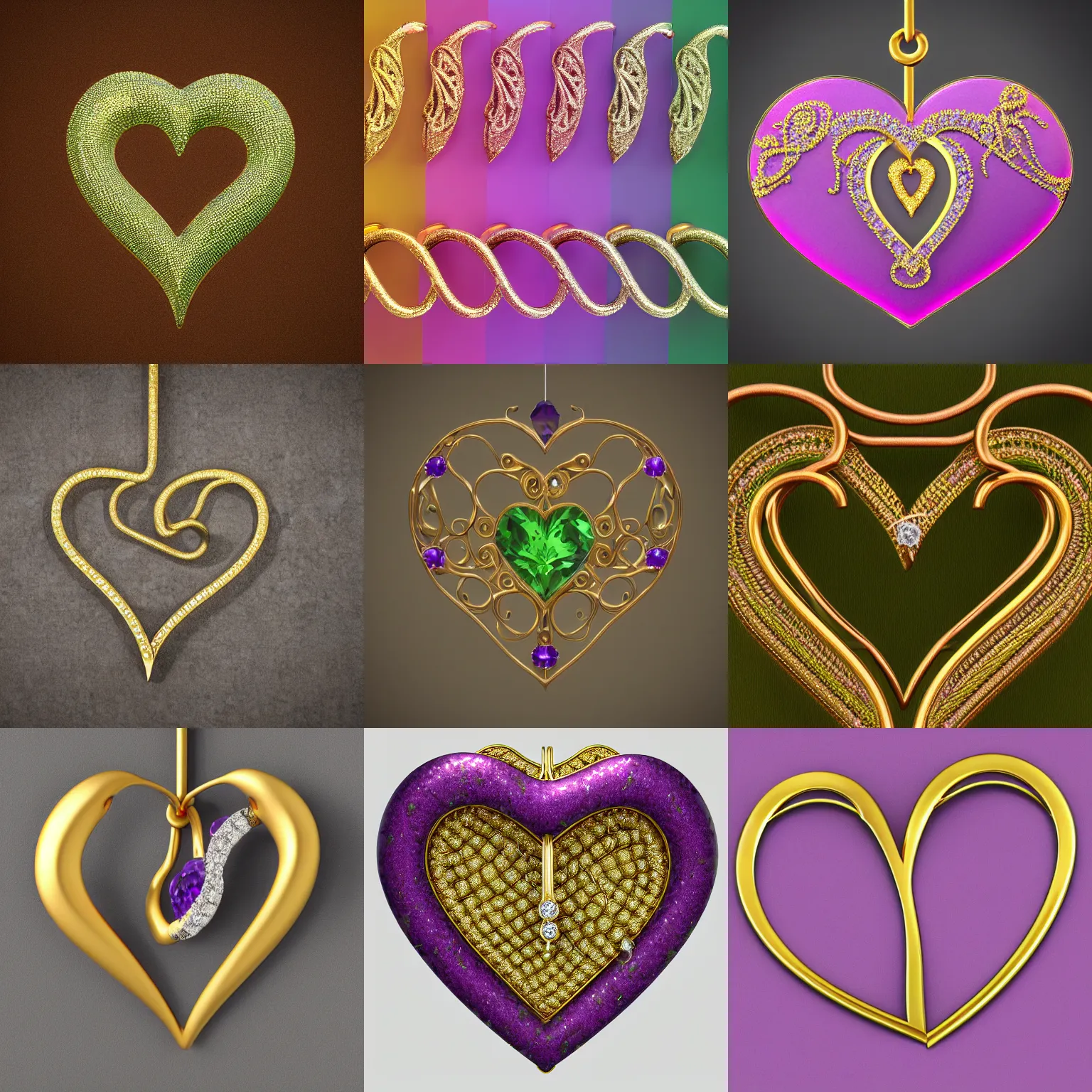 Prompt: mystical gold and diamond thin curly heart shaped hanger with fine purple and green details, ultra detailed, centered, octane render, elegant, caustics