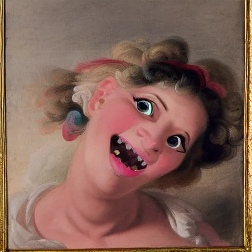 Prompt: helga pataki's teeth, soft rainbow, painting by francois boucher, sad muppet eyes