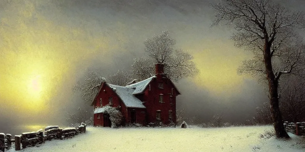 Image similar to Rustic house in the middle of winter snow freezing cold, snowy trees, Beautiful Artwork by Lee Madgwick by Ivan Aivazovsky