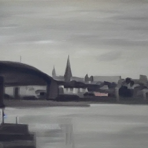 Prompt: very abstract painting of the rhine in basel, very rough brush strokes, oil on canvas, muted greyscale colors, great composition