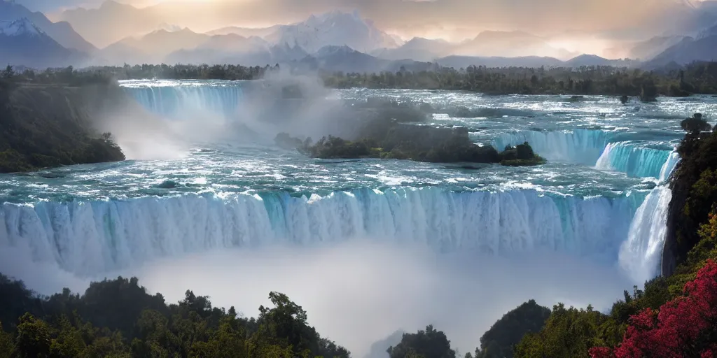 Image similar to cascade of multiple gigantic niagara falls in the himalaya, epic mountains, dawn, sunrise colors, fantasy illustration, matte painting, concept art, low angle shot, volumetric lighting, volumetric atmosphere, morning mist, art by james gurney, unreal engine 5, 8 k