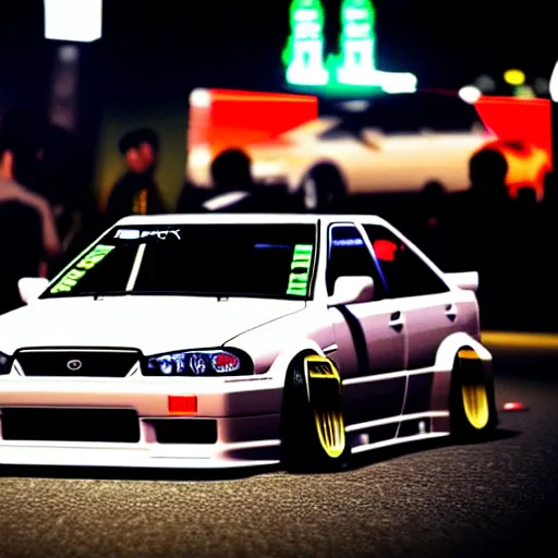 Image similar to a car JZX90 twin turbo drift at illegal car meet, Shibuya prefecture, city midnight mist lights, cinematic lighting, photorealistic, highly detailed wheels, high detail