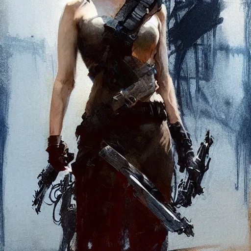 Image similar to alison brie as furiosa, intricate, elegant, highly detailed, greg manchess, mucha, liepke, ruan jia, jeffrey catherine jones, ridley scott