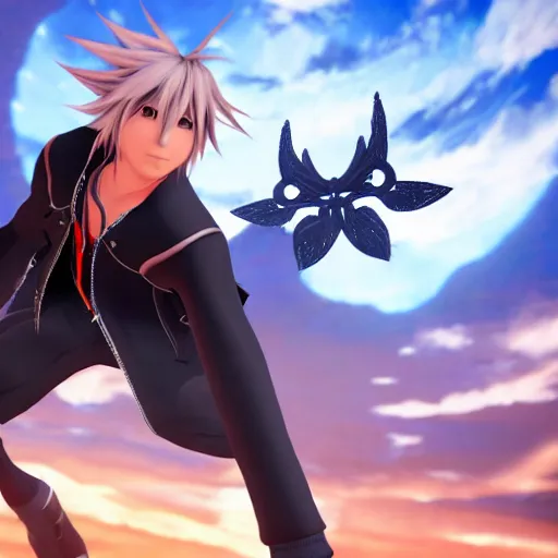 Image similar to Riku from Kingdom hearts floating in the air with one black wing, hd, intricate, Highly detailed, video game, 8k, digital art