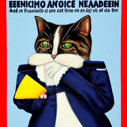 Prompt: a propaganda poster depicting a cat dressed as french emperor napoleon holding a piece of cheese, trending on artstation