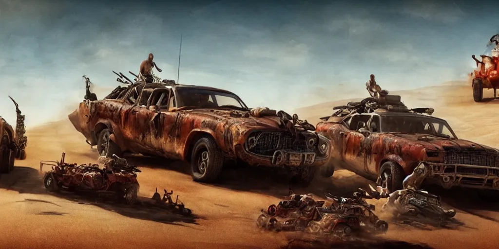 Image similar to an environmental concept art from mad max fury road, single muscle car speeding through the desert, highly detailed, cinematic, dramatic lighting by francis tneh, guy fieri eating a burger, lara croft punching a toaster