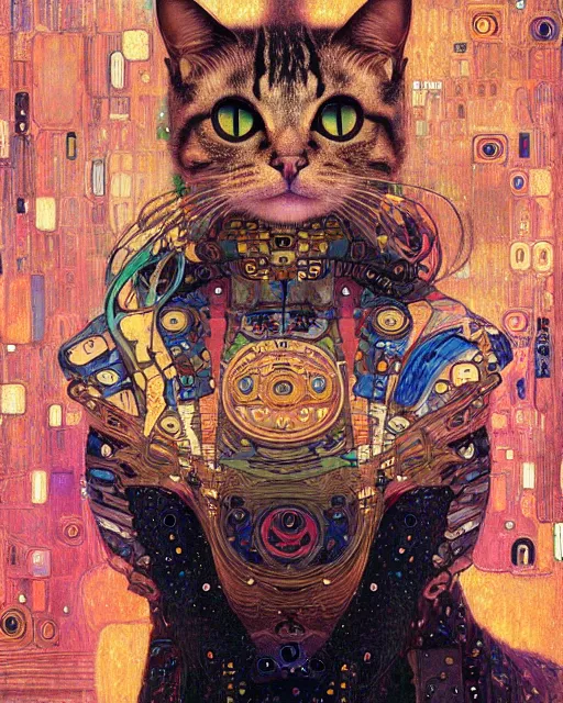 Prompt: cyberpunk cat portrait an oil painting splashes with many colors and shapes by gustav klimt greg rutkowski and alphonse mucha, polycount, generative art, psychedelic, fractalism, glitch art